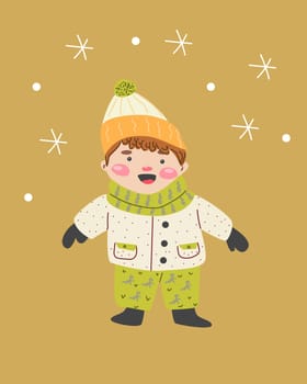 cute boy on golden background - card or invitation. Vector illustration with cartoon character in winter clotches. Baby background for christmas holiday.