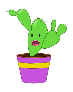 cartoon character of a cactus in a purple pot on a white background. suitable for printing on fabric for children, stickers on notebooks, on the wall. Retro kawai character of houseplant.