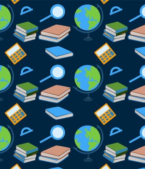 background for the formation of a seamless pattern with books and a globe. Vector illustration on dark color backdrop. Usable for education concept design.