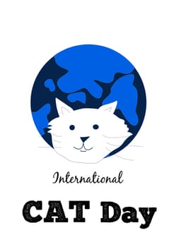 cute banner postcard cat on the background of a blue planet. Vector illustration for greeting card of international cats day.