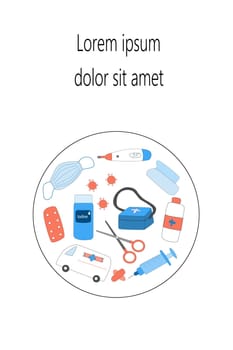 medical background, doodle set first aid on a circle backdrop. Vector illustration for kids education, games, mobile application.