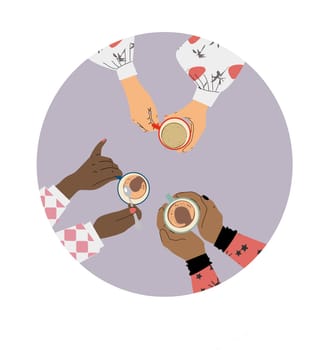 top view 3 womens hands holding coffee, break of beverage . Vector illustration on a round background.