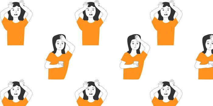 female with headache, bad emotion, seamless pattern. Vector illustration on white background.