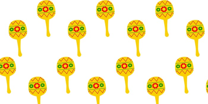 Mexican background with yellow color maracas. Vector illustration with musical instrument with national mexico traditional ornament - pattern. Suitable for banner and background of mexican holiday.