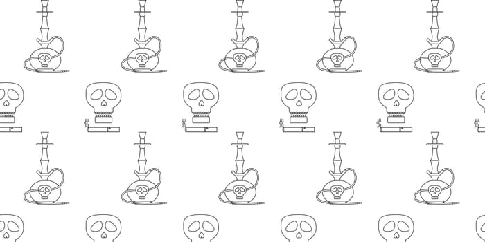 pattern with a skull and cigarettes, and kalyan. Vector illustration about smoking and warning that smoking is harmful to health. Concept smoking ban.