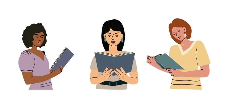 girls reading books set of flat illustrations. Vector illustration in a trendy colors. Girls or womens, students of different scin color read books.