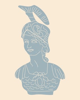 antique statue of a greek woman of the goddess athena. Vector illustration on retro backgroun in a grunge style. Marble bust illustration in a cartoon style. Greek woman in helmet, modern style.