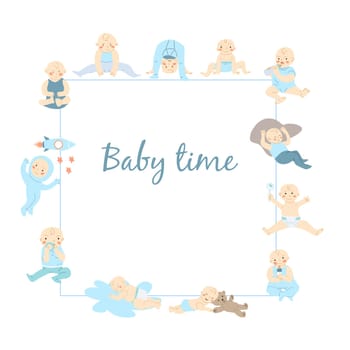 cute frame for baby boy in flat design isolated. Vector illustration usable for baby album, posters, flyers, invitation, wallpapers.