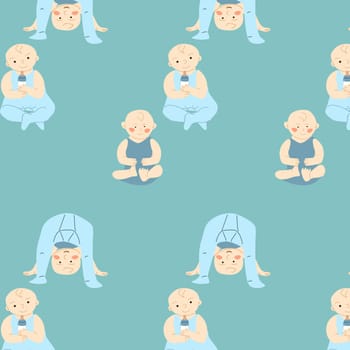 cute baby pattern with boys, kids playing and smiling. Vector illustration on a blue background