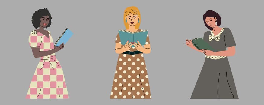 Set of three girls reading books in fashionable retro dresses. Vector illustration of young womans, who standing and reading. Beautiful dresses of retro collection.