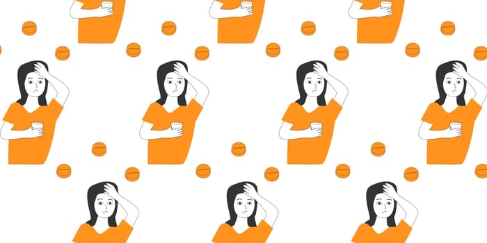 seamless pattern of medical pills and woman with headache. Vector illustration isolated, on an orange color.