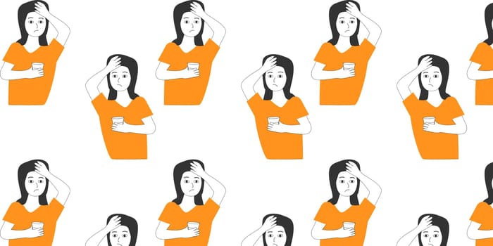 medical background woman with headache and glass in hand. Vector illustration isolated. Bright pattern on white background.