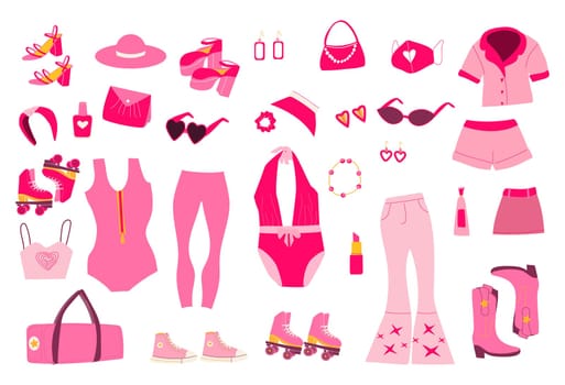 nostalgic set barbeicore with clothes and rollers. Vector illustration with accessories of doll in pink color, trendy fashion set for girls.