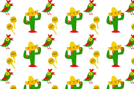 cinco de maio seamless background with cactus, hats, maracas. Vector illustration isolated