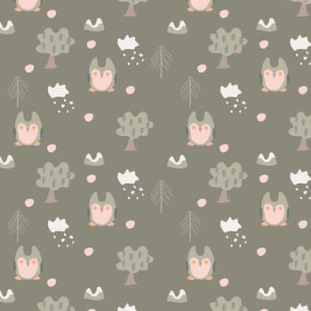 seamless pattern of forest with owl in scandinavian style. Vector illustration in a cartoon style, apple tree and christmas tree, owl and clouds.