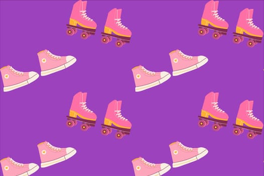 cute pop background - sport activity with roller and shoes. Vector illustration on a purple background. Bright vector illustration seamless pattern.