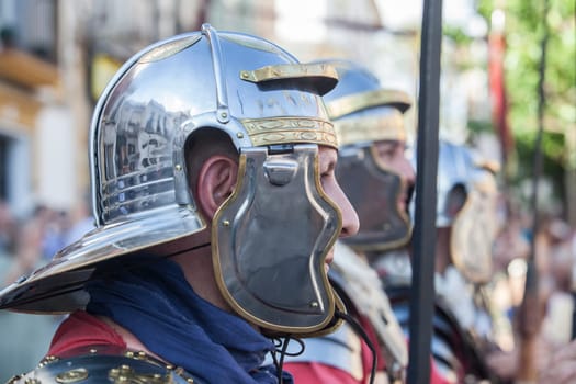 Merida, Spain - June 3th, 2023: Roman legionaries in formation. Emerita Ludica Festival 2023, Merida, Spain