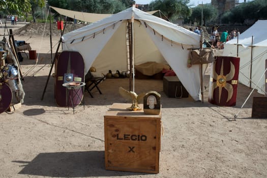 Merida, Spain - Oct 9th, 2021: Roman Legio X Equestris camp tent. Emerita Ludica Festival 2021, Merida, Spain
