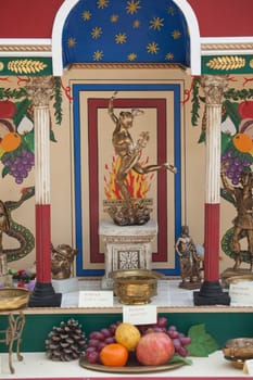 Merida, Spain - Oct 9th, 2021: Small roman altar with offerings. Emerita Ludica Festival 2021, Merida, Spain