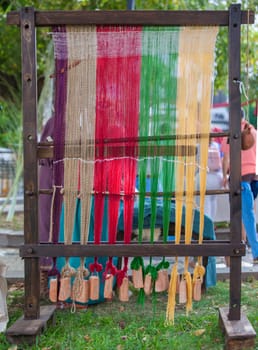 Merida, Spain - Oct 9th, 2021: Roman weaving loom. Emerita Ludica Festival 2021, Merida, Spain