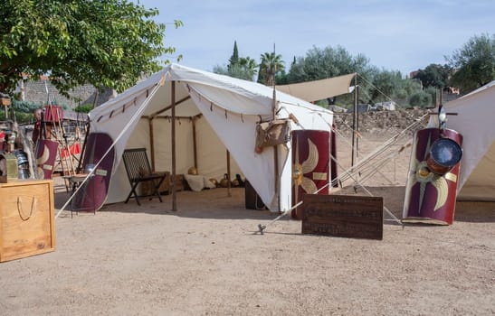 Merida, Spain - Oct 9th, 2021: Roman Legio X Equestris camp tent. Emerita Ludica Festival 2021, Merida, Spain