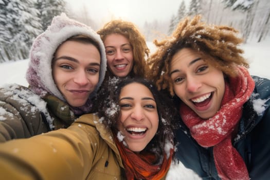 Excited children are joyfully playing in the snow, laughing and having fun. They engage in a friendly snowball fight with friends, taking selfie and creating cherished memories on their winter holiday. Positive and laughing, enjoying a snowy winter day