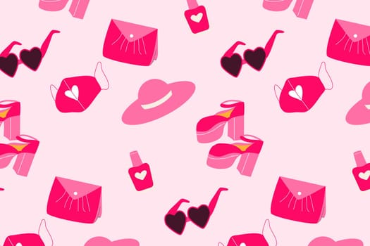 cute pink seamless background with hat and accessories of pink doll - glasses, bags, shoes . Vector illustration of swimsuit, sunglasses, hat, earnings, accesories.