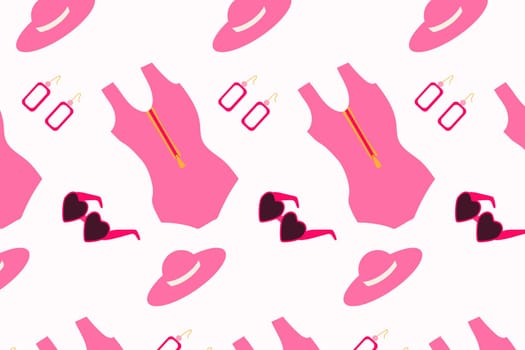 cute pink seamless pattern with clothing and accessories of pink doll . Vector illustration of swimsuit, sunglasses, hat, earnings, accesories.
