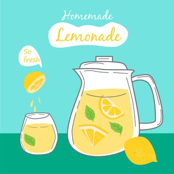 cool background of lemonade drink with lemon juice. Vector illustration on green and blue background.