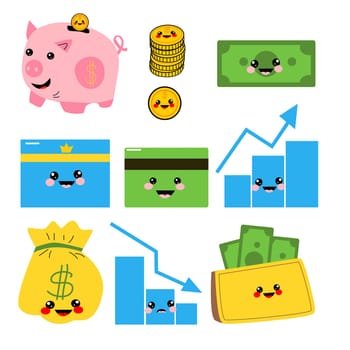 set of financial icons banc, graphic, investment, purce of money. Vector illustration isolated. Kawai style.