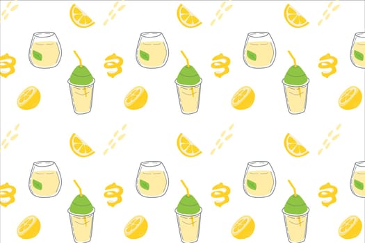 lemonade and lemon slices summer fresh seamless pattern. Vector illustration on white background in a flat style. Refreshment art background for wrapping, label and wallpaper.