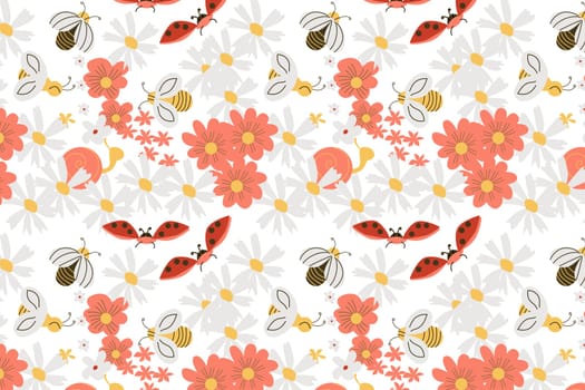 cute floral seamless pattern with insects ladybug, snail, bees. Vector illustration on white background. Cute daisy flowers, bumble bee. Fabric pattern for textile or wallpapers.