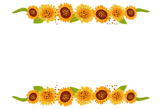 straight horizontal border made of sunflower leaves and decorative elements. Vector illustration on white backgrounds.
