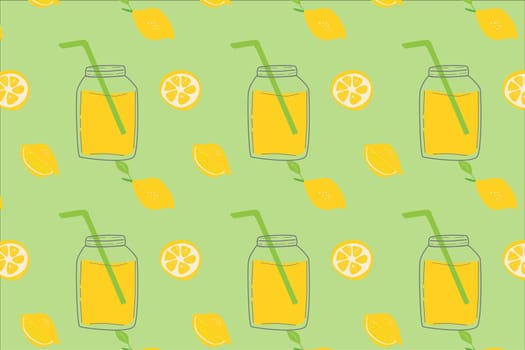 detox drink - lemonade with lemon slices and straw - pattern. Vector illustration on green background. Summer seamless pattern for wrapping, wallpaper.