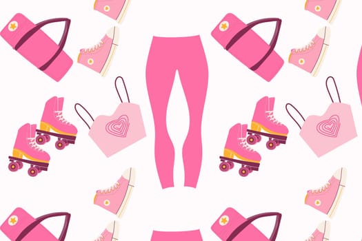 trendy fashion pattern seamless with pink leggings, bag. topic, shoes. Vector illustration