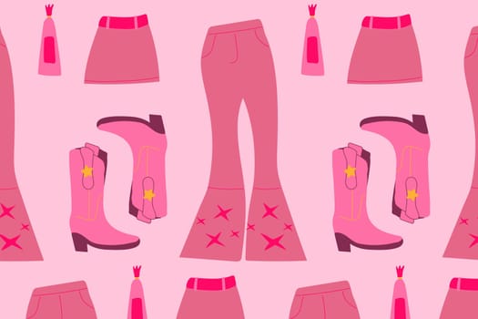 seamless pattern on pink background with cowboy women's boots and flared pants. Vector illustration in a trendy pink doll style.