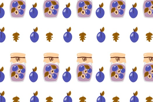 cartoon vector illustration - seamless background ofhomemade compote of plums . Vector illustration isolated, can be used for menu, cards, web and print design, labels. Fresh plums in bright colors.