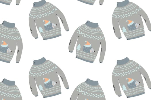 cute scandinavian sweater background with hedgehog. Vector illustration isolated. Usable for baby nursery clothes, nordic textile.