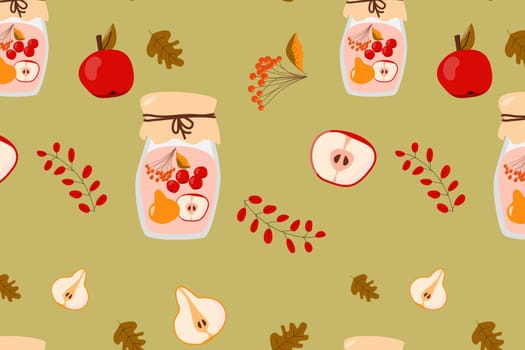 homemade compote assorted from apples, pears and berries - seamless background on green color. Cartoon Vector illustration. Autumn pattern usable for textile, wallpaper, card of menu, print design.