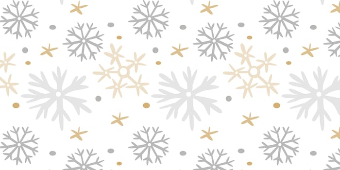 Vector Seamless Decorative Background with Silver and Gold Snowflakes. Usable for print and web design, for wrapping, wallpapers. Christmas background on white backdrop.