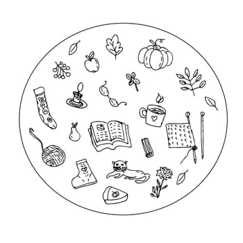 round background, cozy design with hygge elements. Vector illustration isolated outline, simple round background for cozy time.