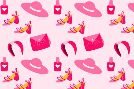 cute pink aestetick pattern with fashion accesory. Vector illustration on pink trendy colors of dolls style, 2000 years.