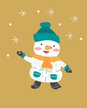 cute snowman on golden background, usable for greeting card, postcard, invitation. Vector illustration with snowflake background.