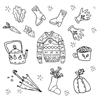 doodle autumn background with cozy sketch elements. Vector illustration. Doodle set of flat sketch with pumkin, boots, sweater, umbrella, mug and teapot.