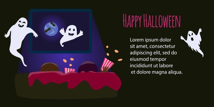 Halloween Movie background for website with Ghost. Vector illustration on black background. Usable for invitation, cards and posters for social network.