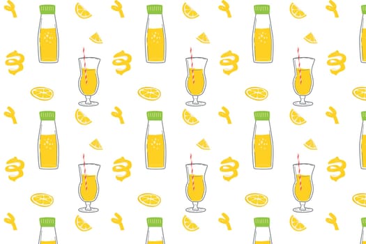 Summer seamless pattern with lemon slice, drink, straw. Vector illustration of bright colors. Yellow and green. Fresh drink - background or backdrop.