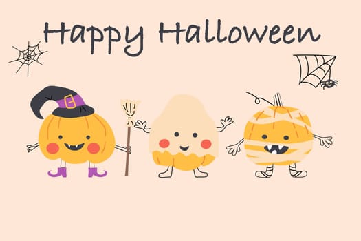 cartoon halloween characters in holiday costumes of witch, mummy and ghost. Usable for greeting card, invitation, web banner and postcard. Cartoon pumkins faces in trendy outline and flat style.