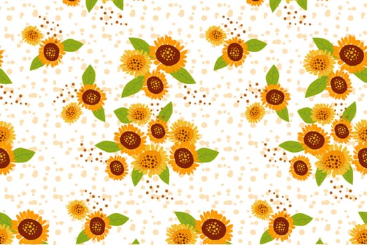 cute seamless pattern with sunflowers and leaves and seeds. Vector illustration on a bright colors.