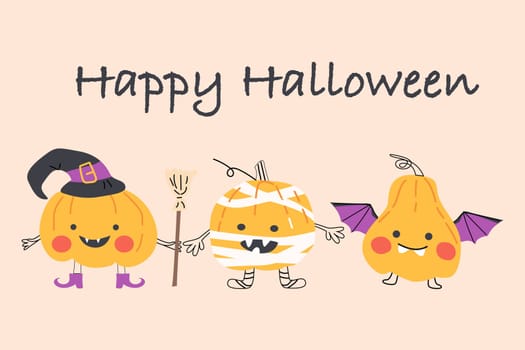 cute greeting card or banner with pumkin monsters. Vector illustration with cartoon evil characters pumkin bat, pumkin mummy and witch from Jack o Lantern.