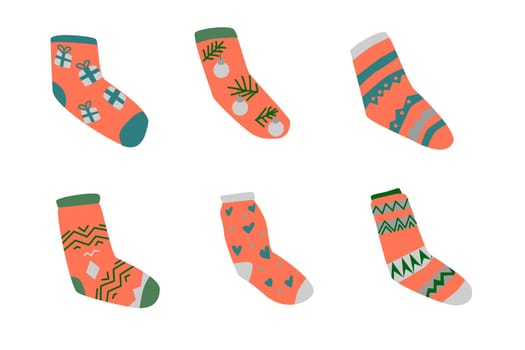 cute pink xmas socks for winter holiday collection. Vector illustration of pink trendy decoration. Usable for greeting card, invitation, decoration poster and holiday backgrounds.